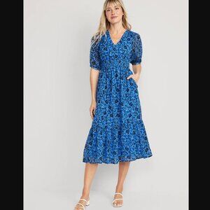 Old Navy - Blue floral Waist-Defined V-Neck Midi Dress, Size L (NWT)